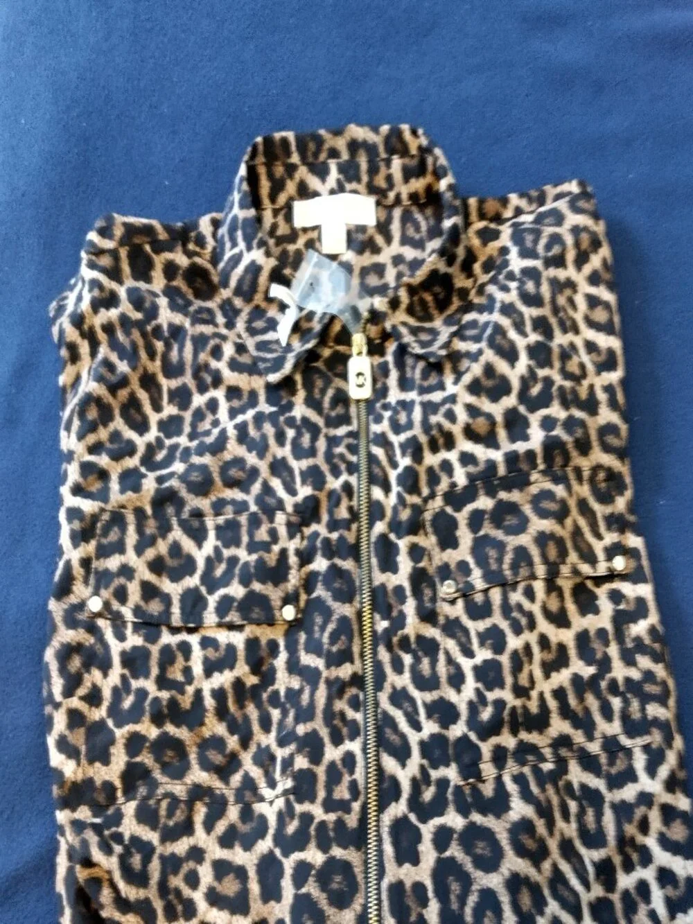 Michael Kors Full Zip Shirt Black/Brown Leopard Roll Tab Sleeves 2X